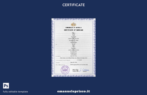 modello PSD di certificato di matrimonio australiano in stile verificato
